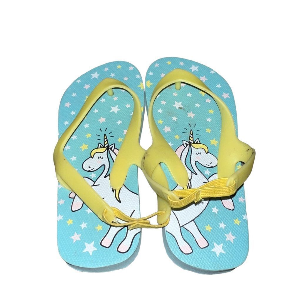 Adorable blue and yellow unicorn flip flops girls size 7/8